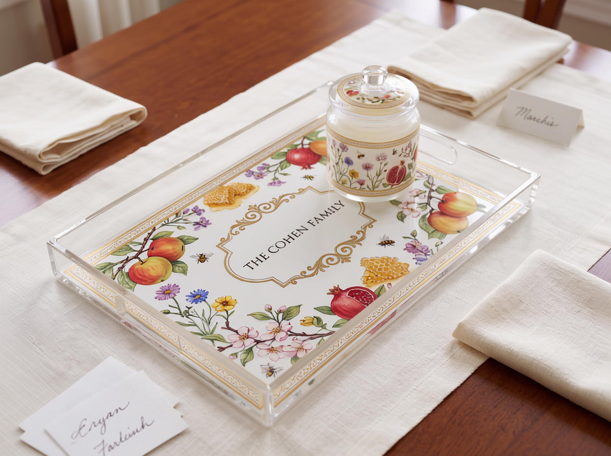 Personalized Rosh Hashanah Acrylic Tray, Jewish New Year Serving Tray, Pomegranate Apple Honey Decor, Custom Family Name Judaica Gift