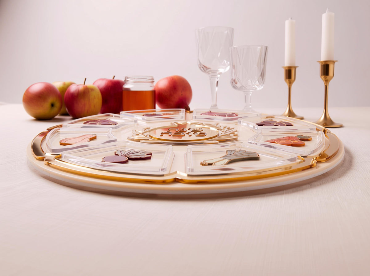 Rosh Hashanah Simanim Seder Plate, Acrylic Jewish New Year Plate, Gold Judaica Serving Tray, Simanim Plate, Elegant Yom Tov Table Decor