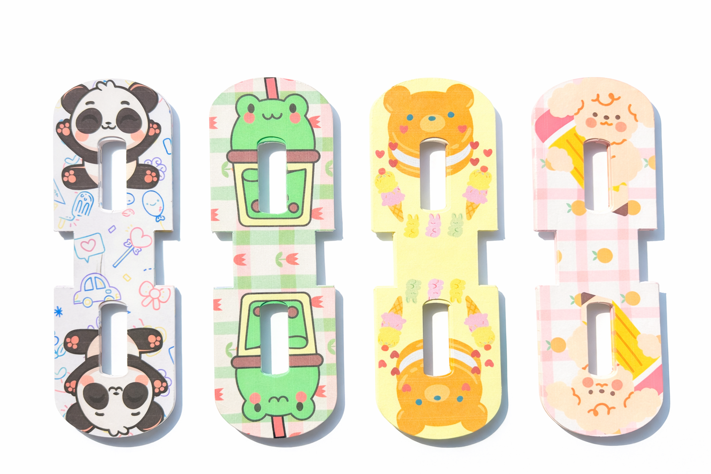 Cute magnetic bookmarks set - 3×3 laminated glossy photo paper - 2‑magnet hold - Kawaii panda, frog, bear, puppy - Set $12 or single $3.50