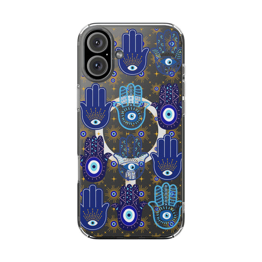 Blue Hamsa and Evil Eye Pattern Phone Case | Magnetic Clear Case