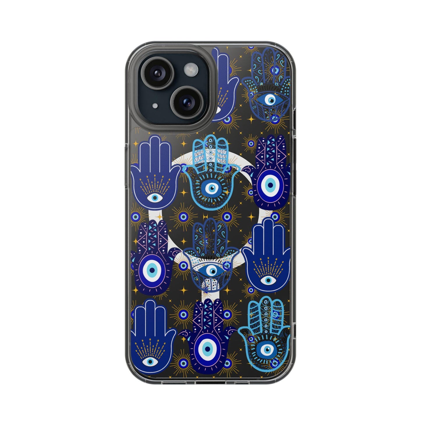 Blue Hamsa and Evil Eye Pattern Phone Case | Magnetic Clear Case