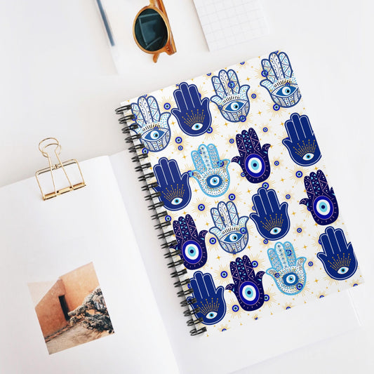 Blue Hamsa Hand Pattern Spiral Notebook | Evil Eye Journal