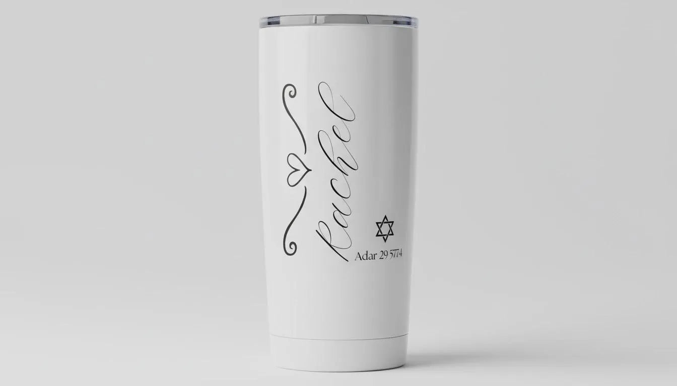 Personalized Jewish Tumbler – Hebrew Name & Date, Laser Engraved
