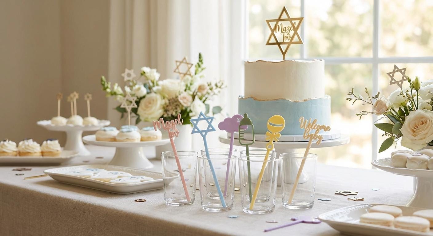 Jewish Drink Stirrers – Mazel Tov, Star of David, Welcome Baby (Set of 12)