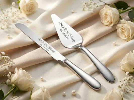 Personalized Wedding Cake Server Set | Engraved Stainless Steel Knife & Server