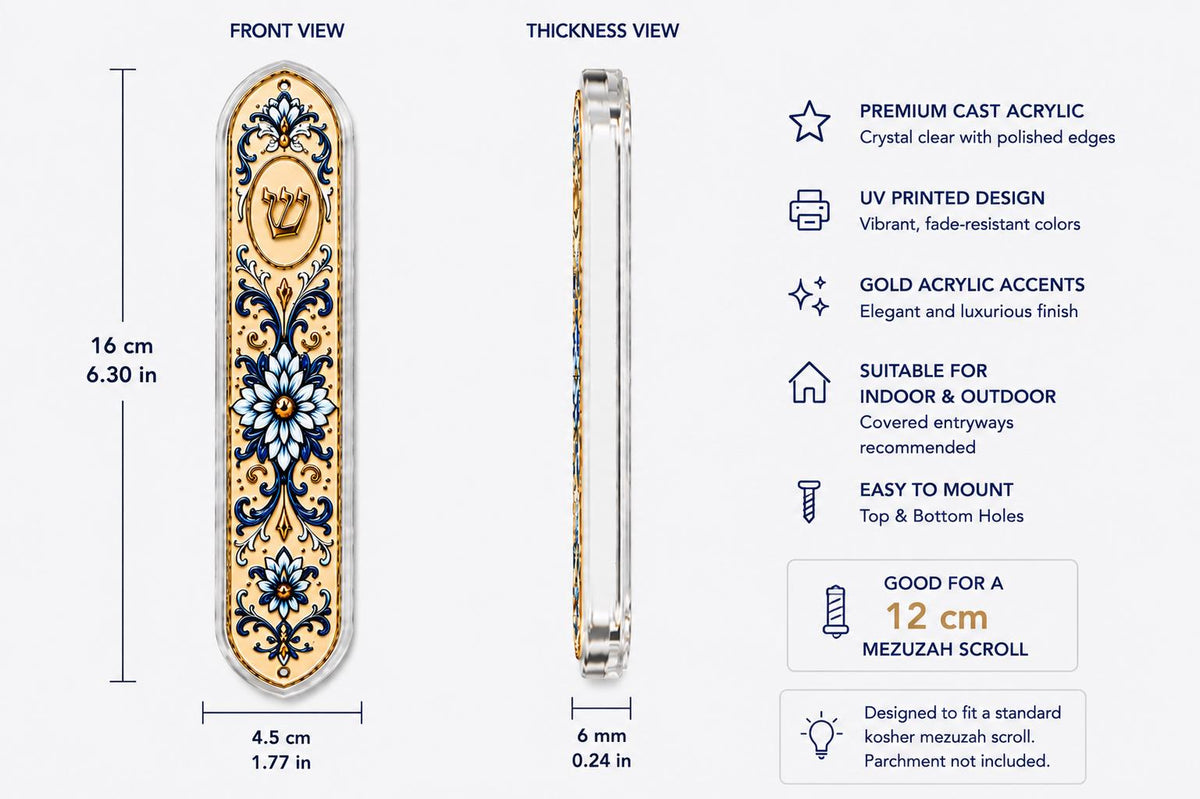 Blue & Gold Acrylic Mezuzah Case | UV Printed Relief Design | Modern Judaica | 16 cm Clear Acrylic Mezuzah | Fits 12 cm Scroll
