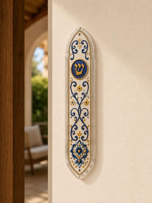 Blue & Gold Acrylic Mezuzah Case | UV Printed Relief Design | Modern Judaica | 16 cm Clear Acrylic Mezuzah | Fits 12 cm Scroll