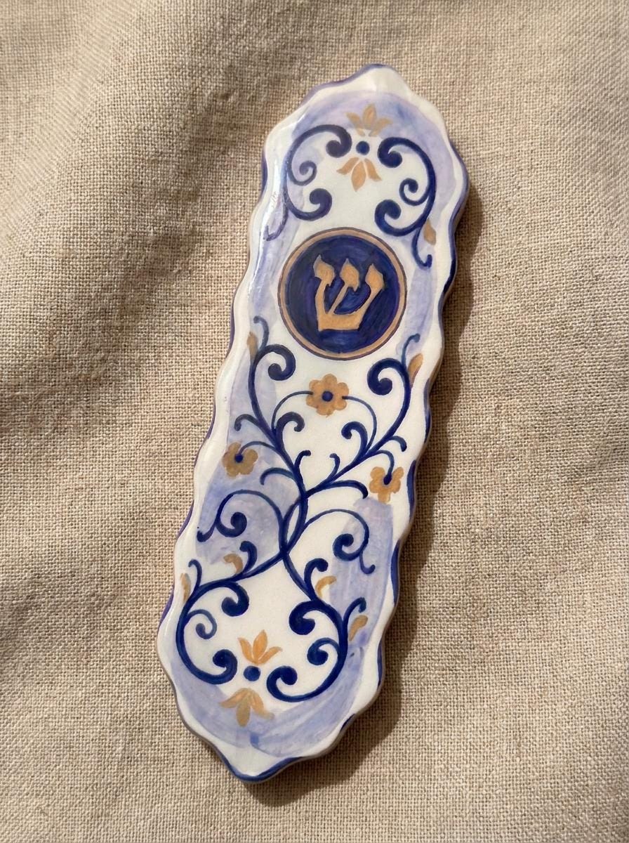 UV Printed Mezuzah Case, Blue White Floral Mediterranean Judaica, Israeli Inspired Decor