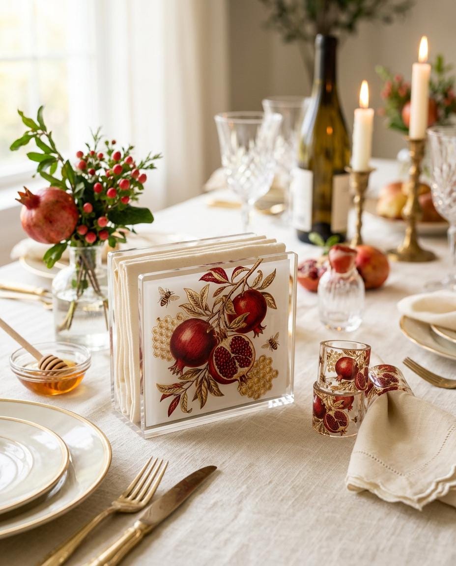 Rosh Hashanah Napkin Holder, Pomegranate Acrylic Napkin Holder, Jewish Holiday Table Decor, Honey Bee Judaica, Elegant Yom Tov Decor