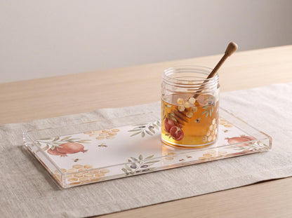 Rosh Hashanah Honey Jar & Acrylic Tray Set, Pomegranate Honeycomb Judaica, Jewish New Year Serving Tray, Yom Tov Table Decor
