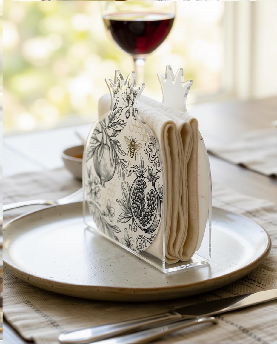 Rosh Hashanah Napkin Holder | Pomegranate Acrylic Napkin Holder | Jewish Holiday Table Decor | Honey Bee Judaica | Elegant Table Setting