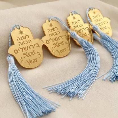 Gold Acrylic Hamsa Keychain – Next Year Jerusalem Engraved Judaica Tassel Favor