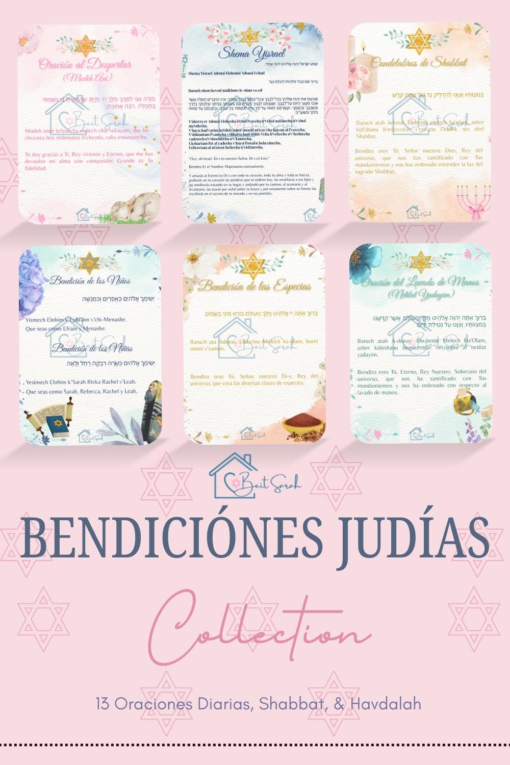 Spanish Tarjetas de Bendiciones Judias | Oraciones Diarias + Shabbat & Havdalah