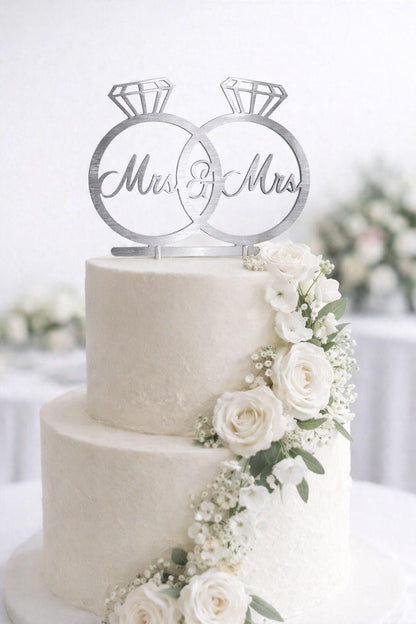 Mrs & Mrs Wedding Cake Topper • Interlocking Rings, Acrylic Decor
