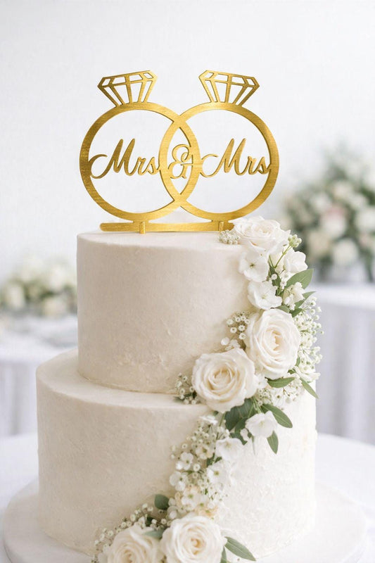 Mrs & Mrs Wedding Cake Topper • Interlocking Rings, Acrylic Decor