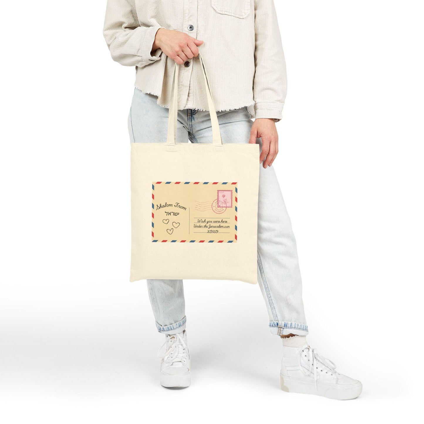 Israel Postcard Tote Bag | Vintage Air Mail Design, Romantic Quote