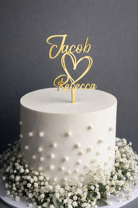 Custom Heart Script Wedding Cake Topper • Gold, Rose Gold, Silver, Black