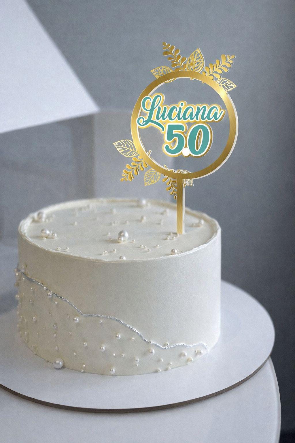 Custom Acrylic Birthday Cake Topper – Elegant Leaves, Personalized Name & Age