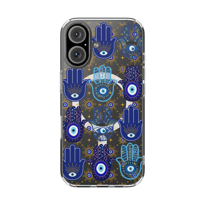 Blue Hamsa and Evil Eye Pattern Phone Case | Magnetic Clear Case