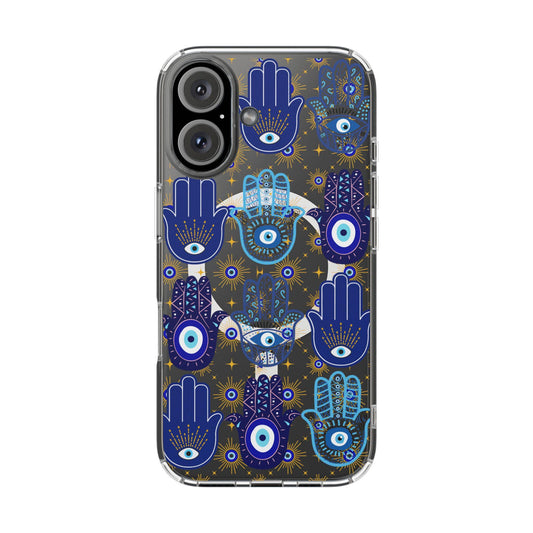 Blue Hamsa and Evil Eye Pattern Phone Case | Magnetic Clear Case
