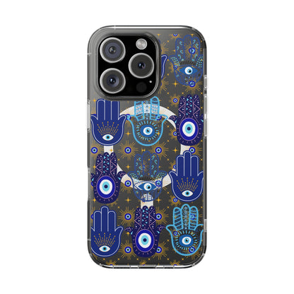 Blue Hamsa and Evil Eye Pattern Phone Case | Magnetic Clear Case