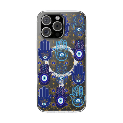 Blue Hamsa and Evil Eye Pattern Phone Case | Magnetic Clear Case