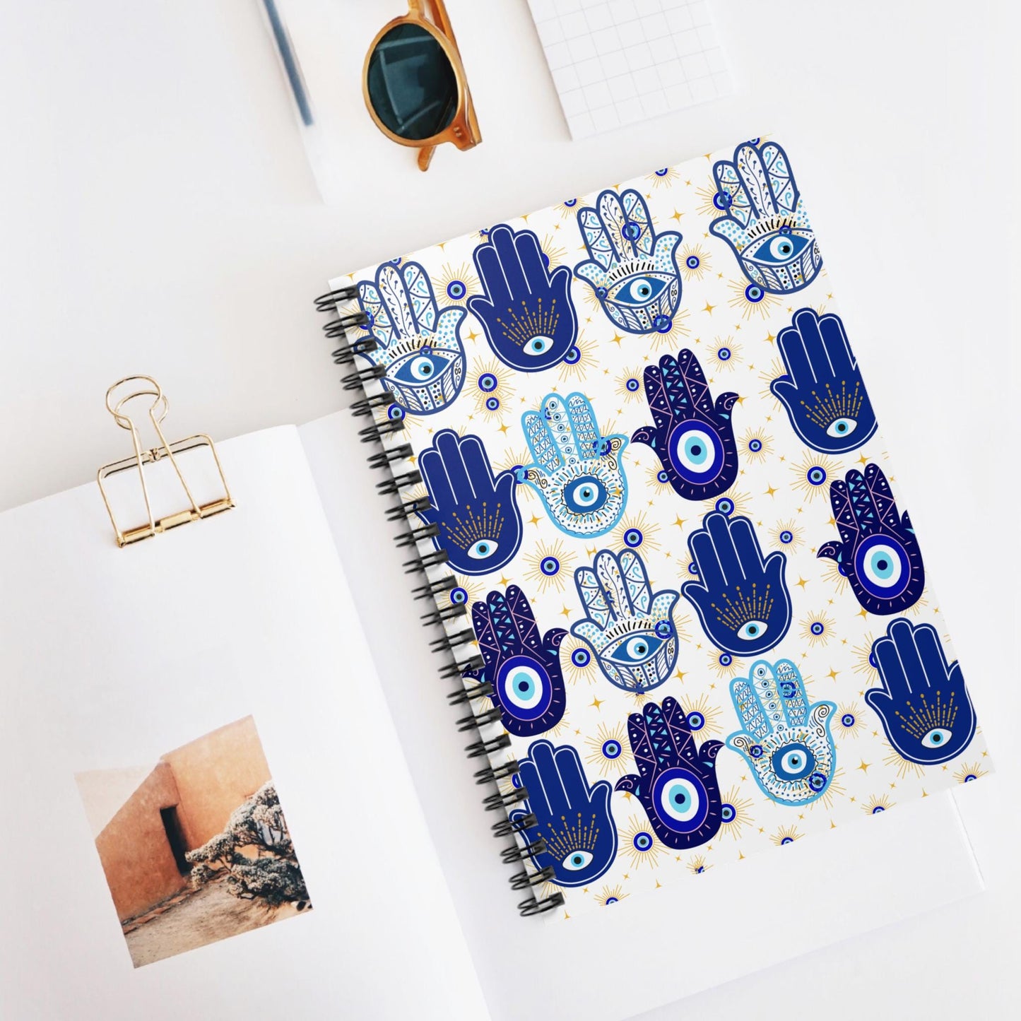 Blue Hamsa Hand Pattern Spiral Notebook | Evil Eye Journal