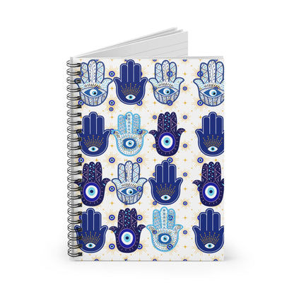 Blue Hamsa Hand Pattern Spiral Notebook | Evil Eye Journal