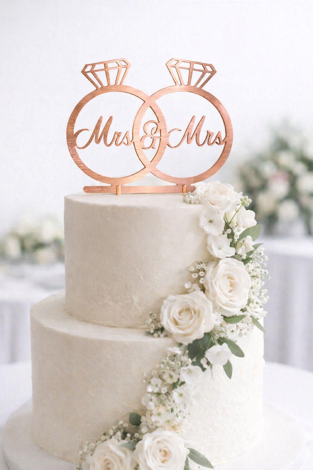 Mrs & Mrs Wedding Cake Topper • Interlocking Rings, Acrylic Decor