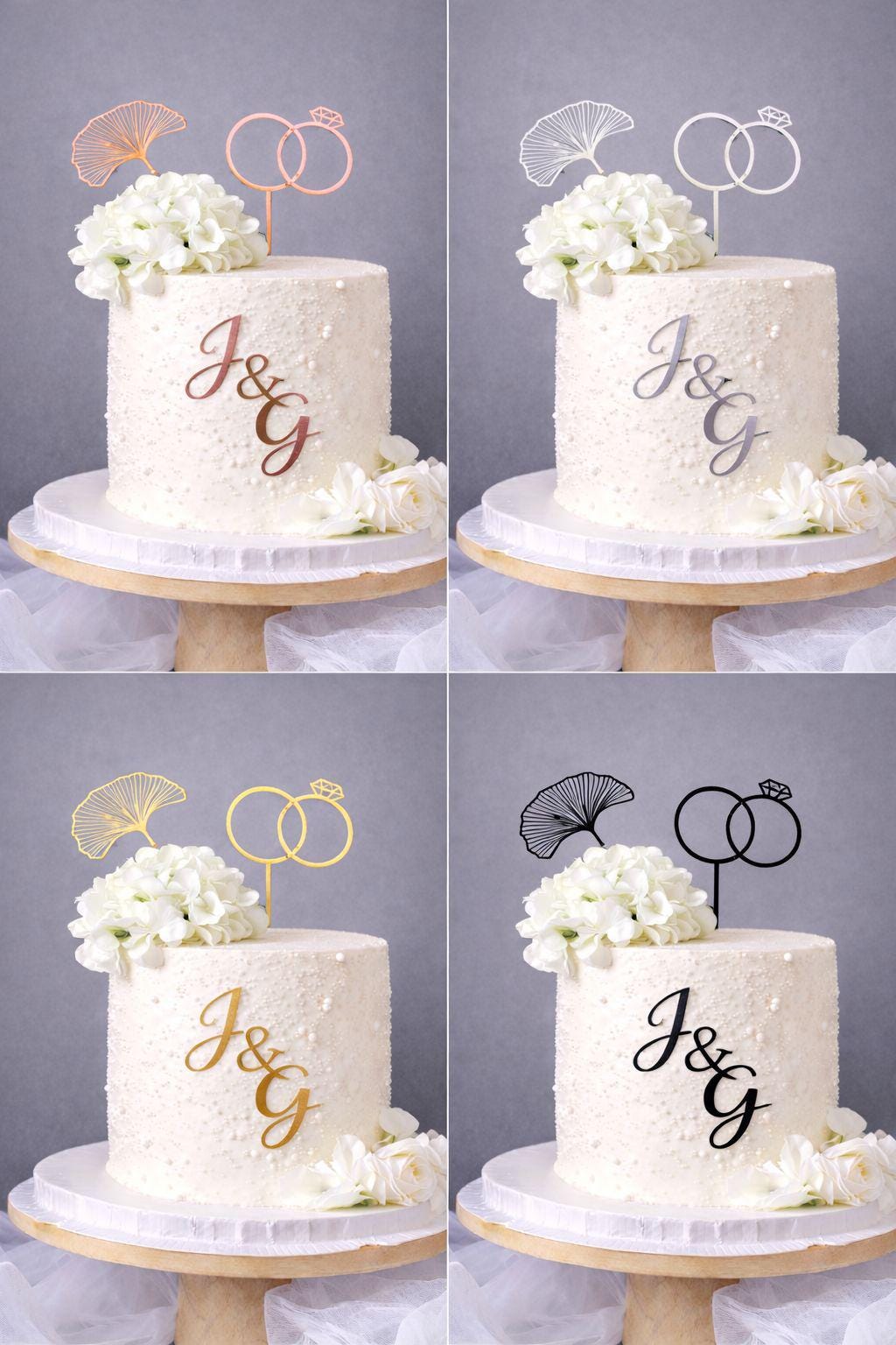 Custom Wedding Cake Topper Set • Initials & Rings • Gold Accent