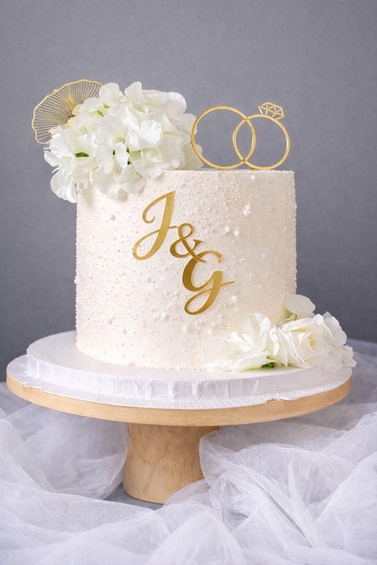 Custom Wedding Cake Topper Set • Initials & Rings • Gold Accent