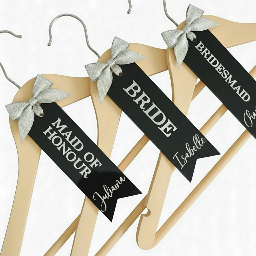 Personalized Wedding Hanger - Acrylic Tag| Custom Name | Bride Bridesmaid Maid of Honor | Quinceañera Dress Hanger | Sweet 15 Keepsake