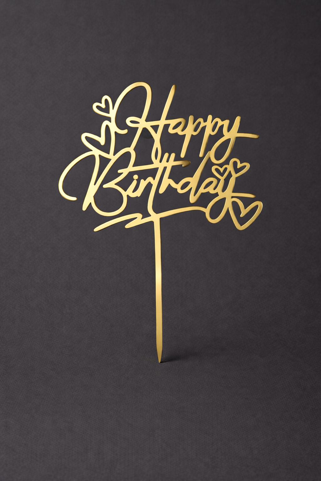 Double-Layer Happy Birthday Cake Topper | Mirror Gold Acrylic Elegant Script Decor