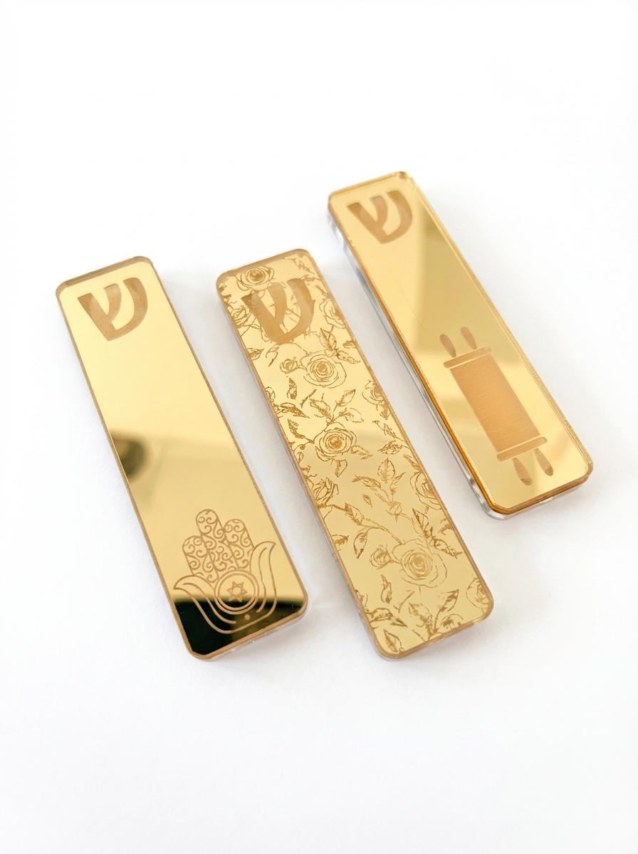 Gold Mirror Mezuzah Case | Hamsa, Floral, Torah Scroll Designs | Modern Judaica Home Decor