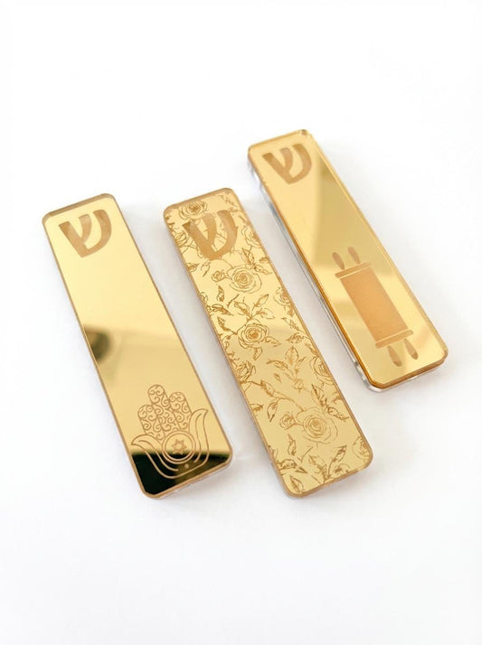 Gold Mirror Mezuzah Case | Hamsa, Floral, Torah Scroll Designs | Modern Judaica Home Decor