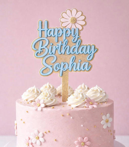 Personalized Daisy Floral Birthday Cake Topper | Double Layer Acrylic Custom Name Age