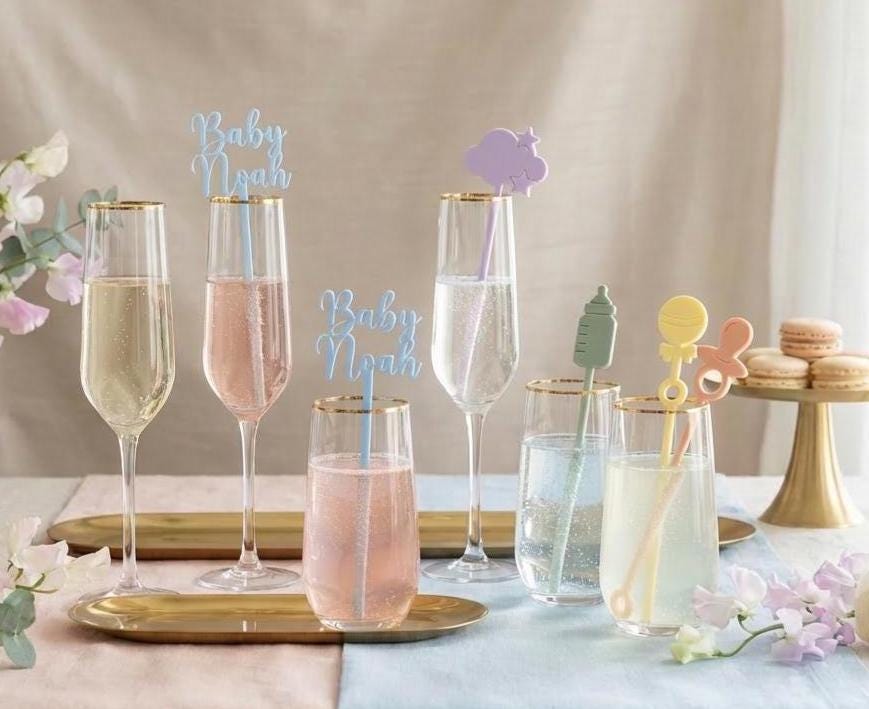 Pastel Baby Shower Drink Stirrers | Acrylic Stir Sticks, Baby Icons, Party Decor