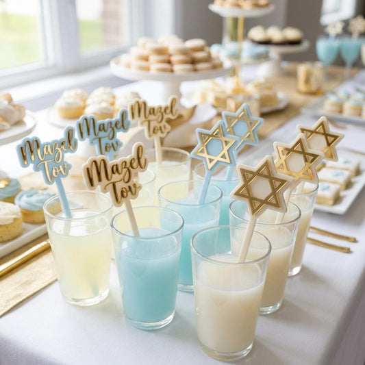 Jewish Drink Stirrers – Mazel Tov, Star of David, Welcome Baby (Set of 12)