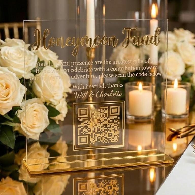 Modern Acrylic Honeymoon Fund QR Code Wedding Sign (8x10 Inch)