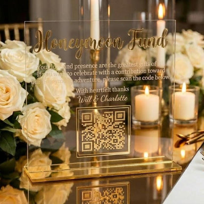 Modern Acrylic Honeymoon Fund QR Code Wedding Sign (8x10 Inch)