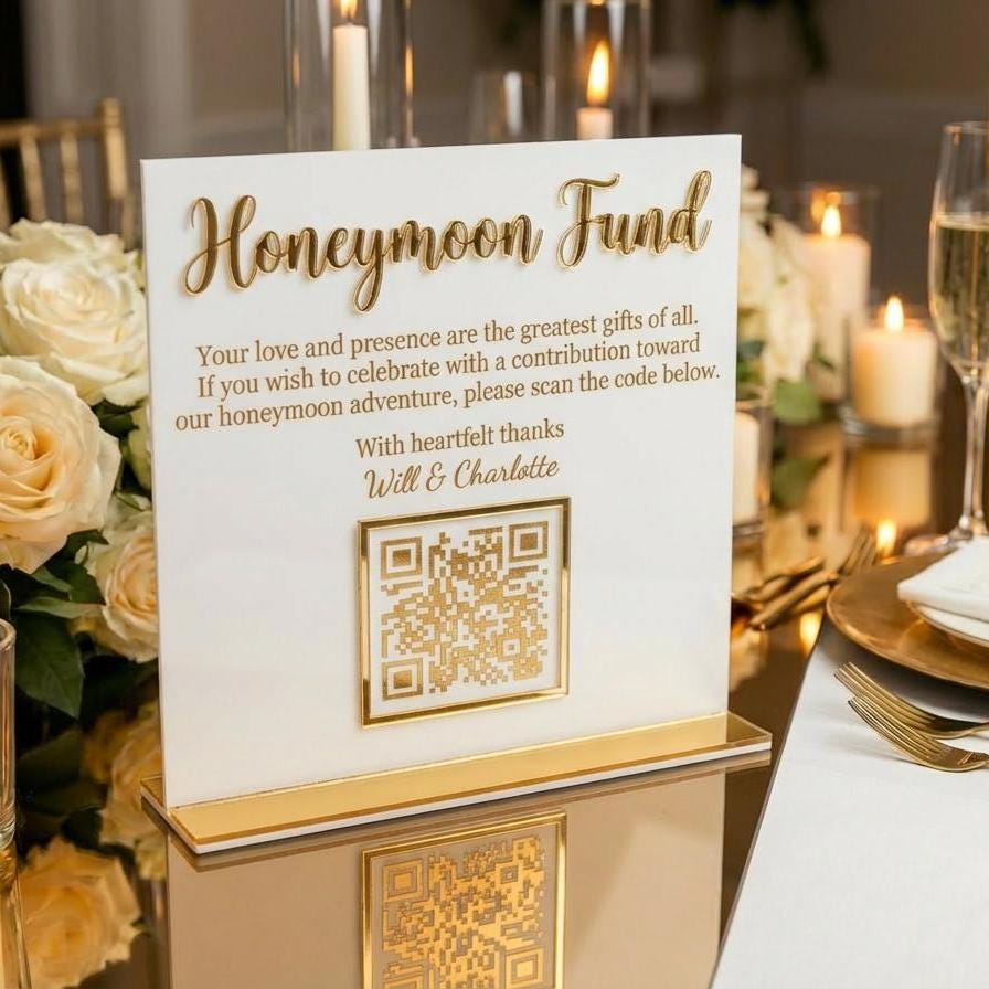 Modern Acrylic Honeymoon Fund QR Code Wedding Sign (8x10 Inch)