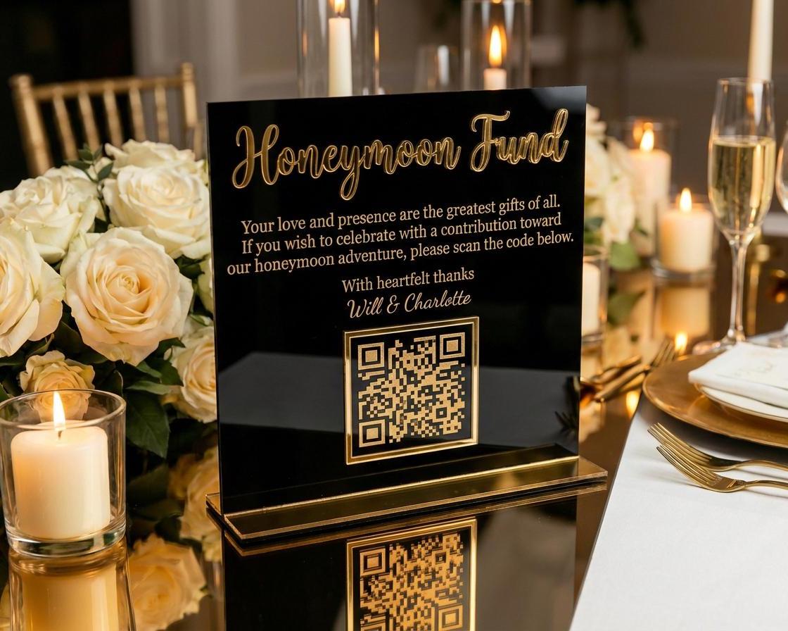 Modern Acrylic Honeymoon Fund QR Code Wedding Sign (8x10 Inch)