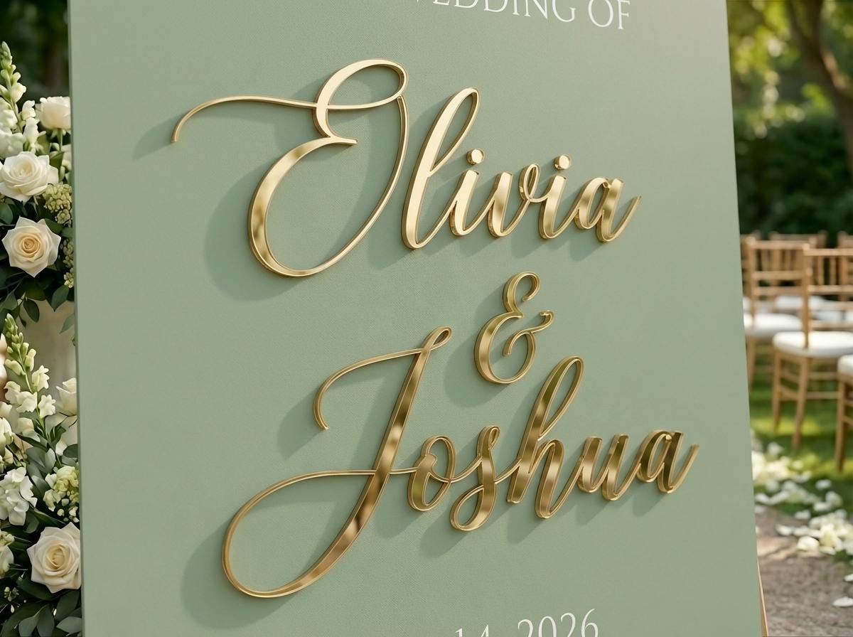 Personalized Painted Acrylic Wedding Welcome Sign, Mirror Gold Lettering Event Decor