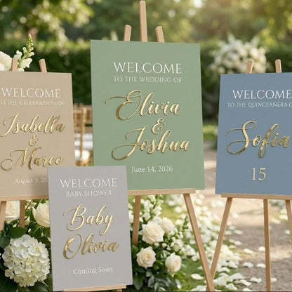 Personalized Painted Acrylic Wedding Welcome Sign, Mirror Gold Lettering Event Decor