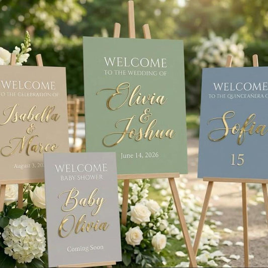 Personalized Painted Acrylic Wedding Welcome Sign, Mirror Gold Lettering Event Decor