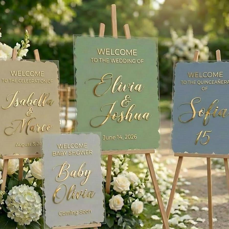 Personalized Painted Acrylic Wedding Welcome Sign, Mirror Gold Lettering Event Decor