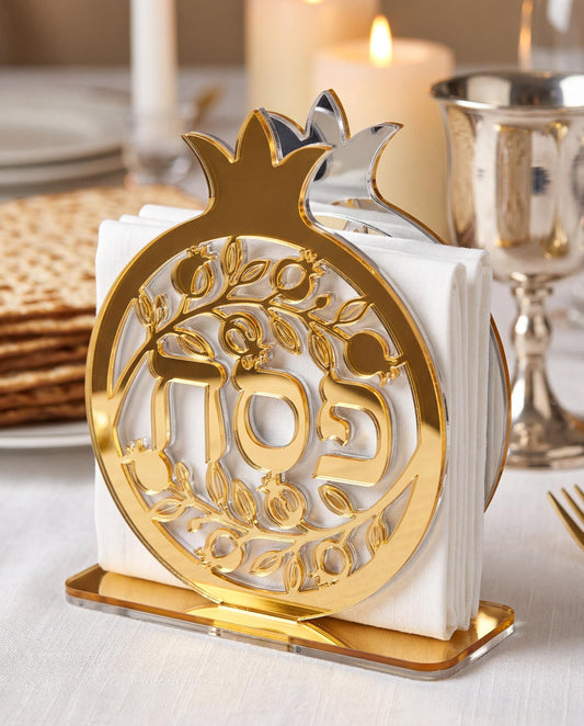 Gold Mirror Acrylic Pomegranate Pesach Napkin Holder – Jewish Seder Table Decor