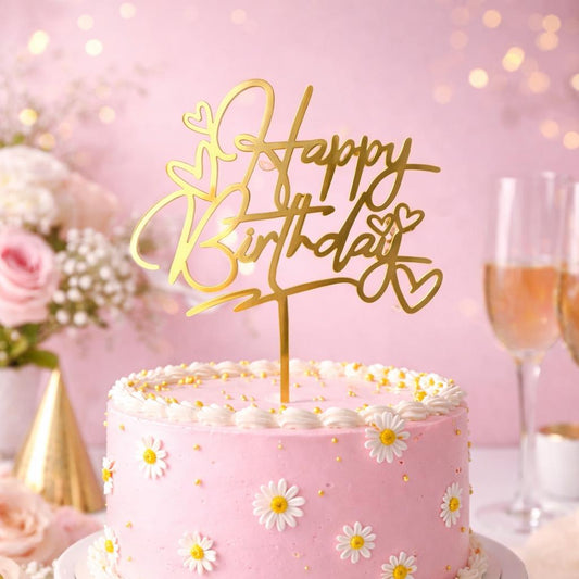 Double-Layer Happy Birthday Cake Topper | Mirror Gold Acrylic Elegant Script Decor