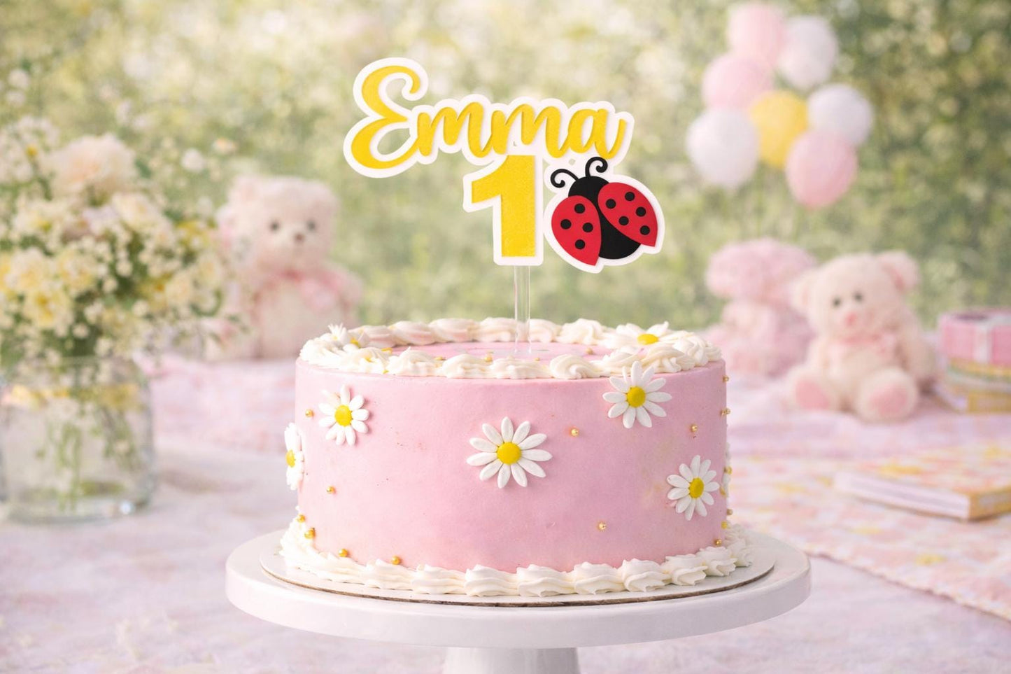 Personalized Bee or Ladybug Cake Topper | Custom Name, Age | Garden Birthday Acrylic