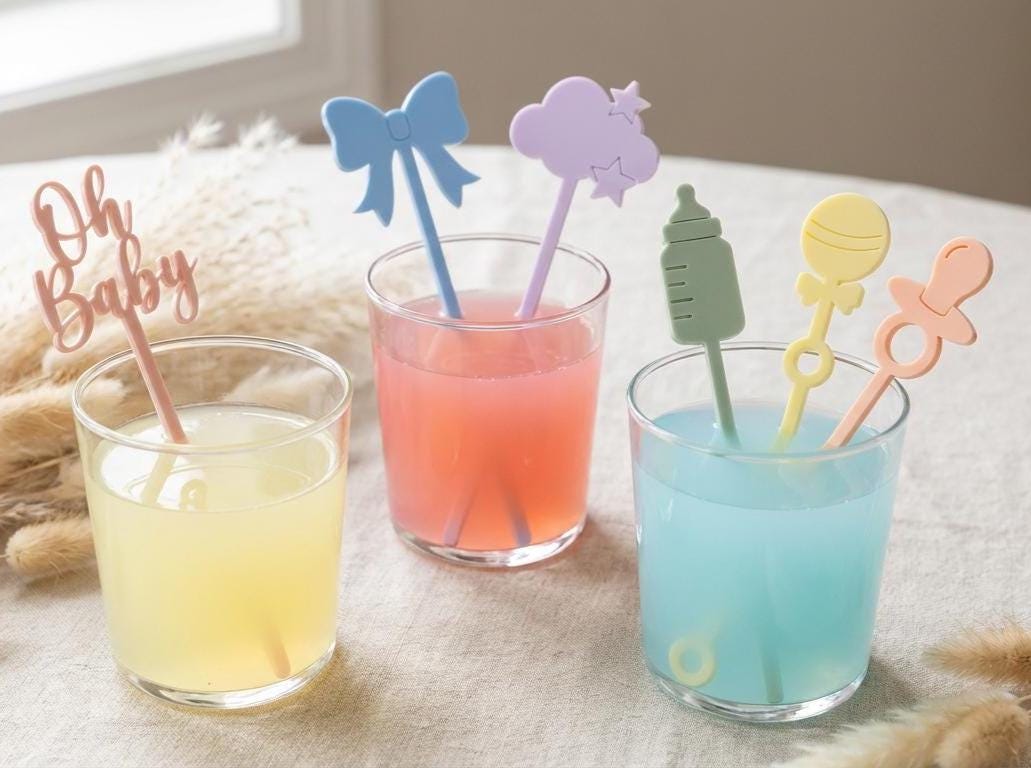 Pastel Baby Shower Drink Stirrers | Acrylic Stir Sticks, Baby Icons, Party Decor
